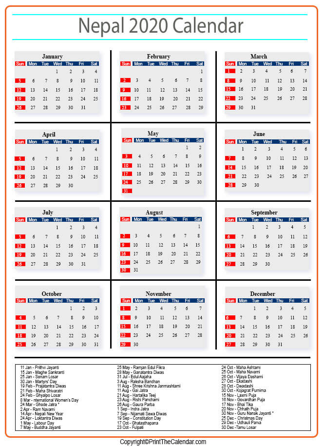 Nepal Calendar 2020